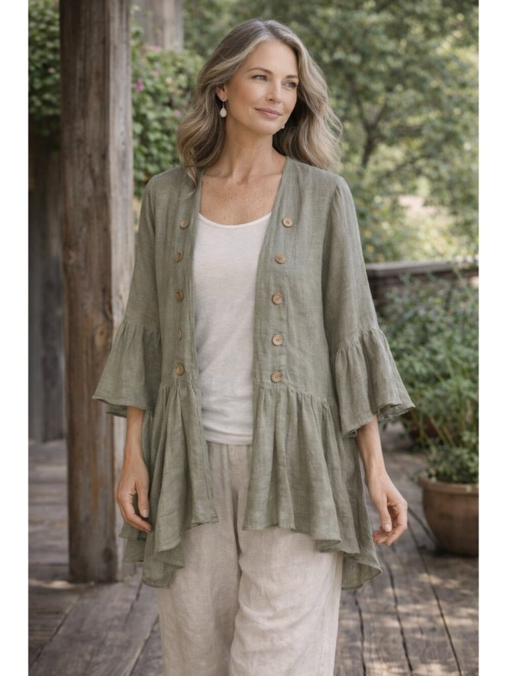 New Gray Linen Blend Button Accent Open Front Ruffled Cardigan Lagenlook Medium
